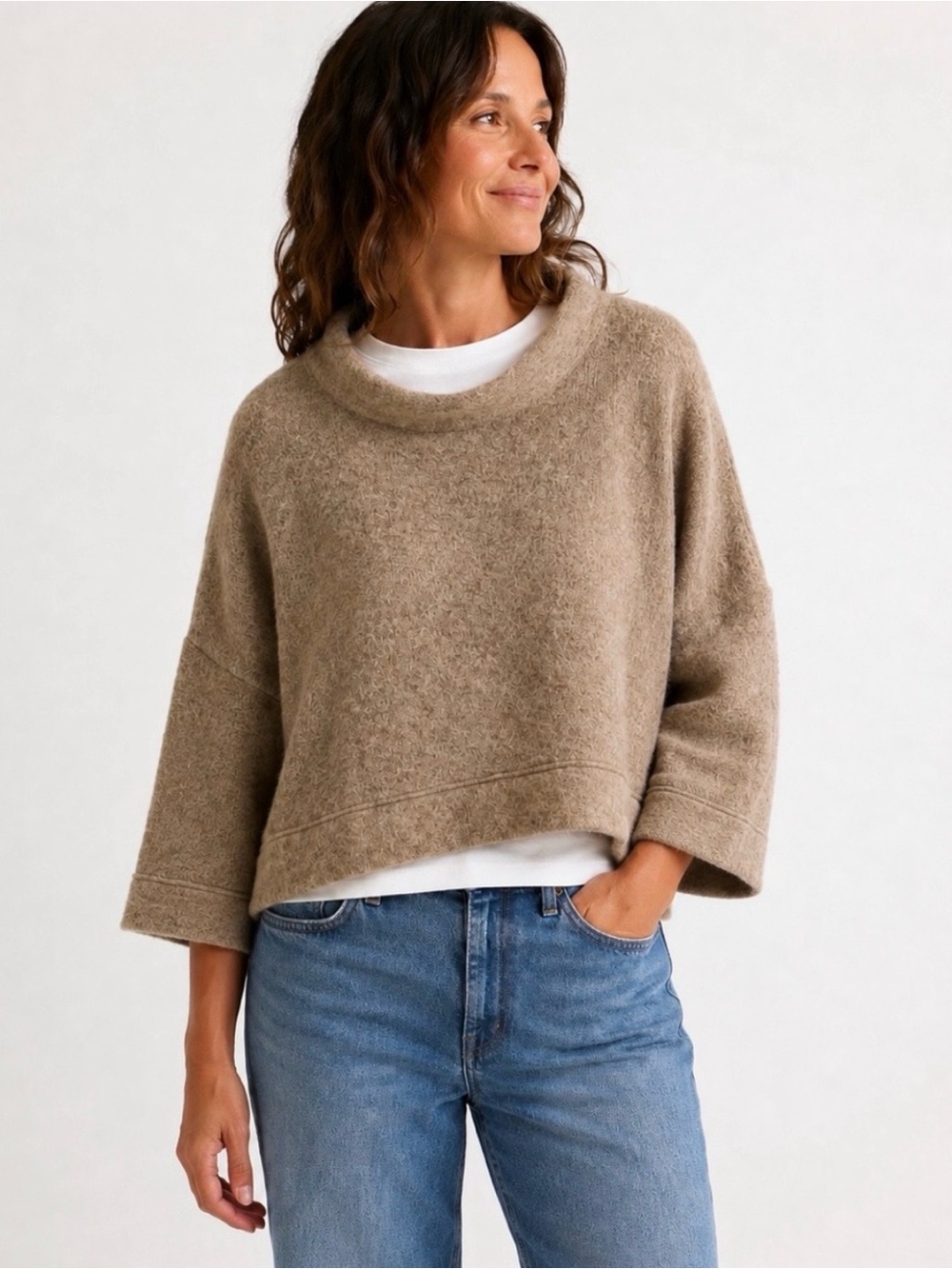 Brynn Walker Mohair Blend Cropped Sweater Lagenlook S Boxy Neutral Brown